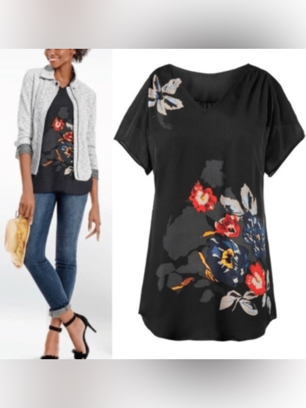 CAbi Fiore Black Short Sleeve Floral Print V-Neck Tunic Top Size:S